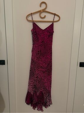 VINTAGE BETSEY JOHNSON SILK HOT PINK ANIMAL PRINT CHEETAH MIDI MAXI DRESS XS P